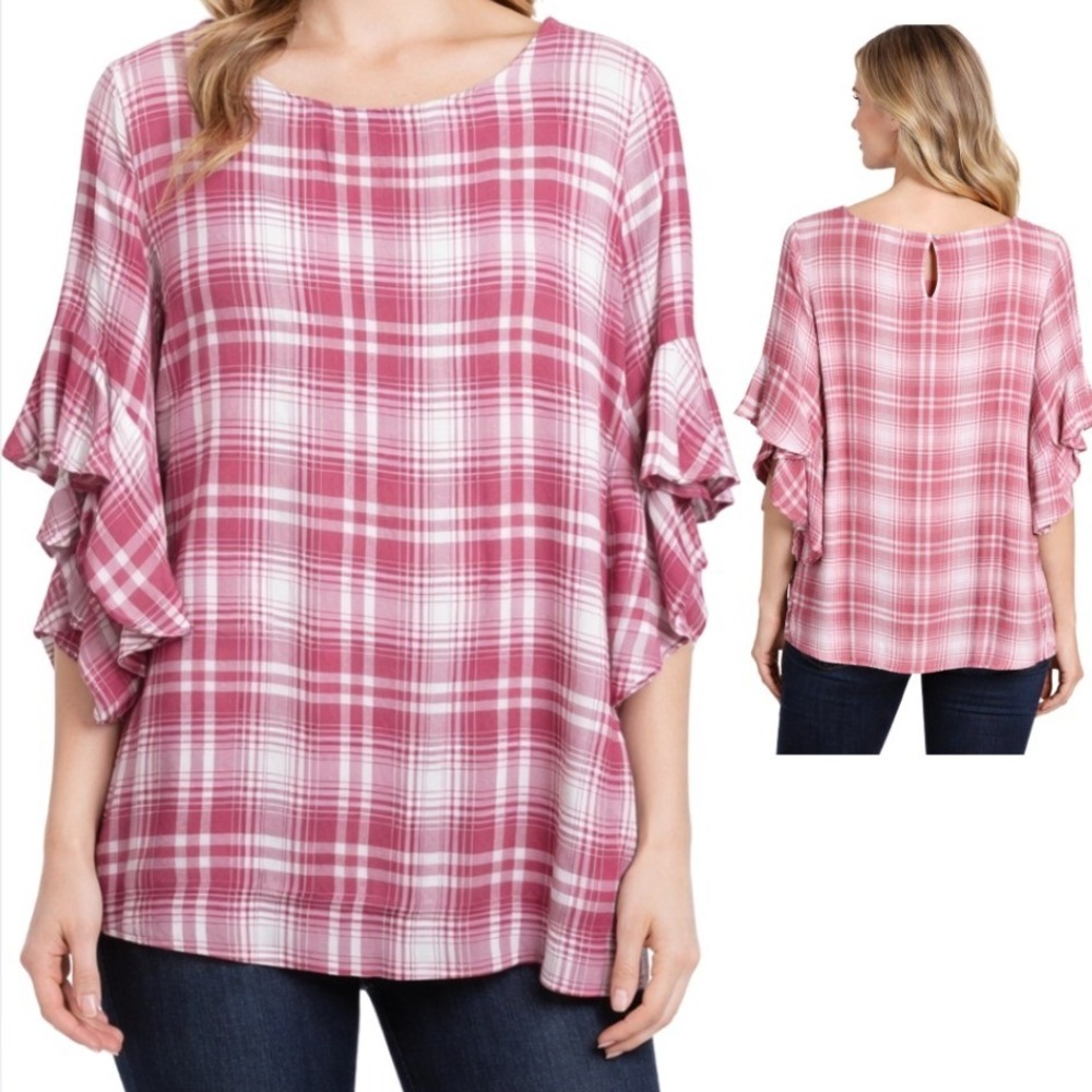 Chaps Womens NWT Pink Plaid Ruffle Tiered Sleeve Blouse Top Size Medium NEW